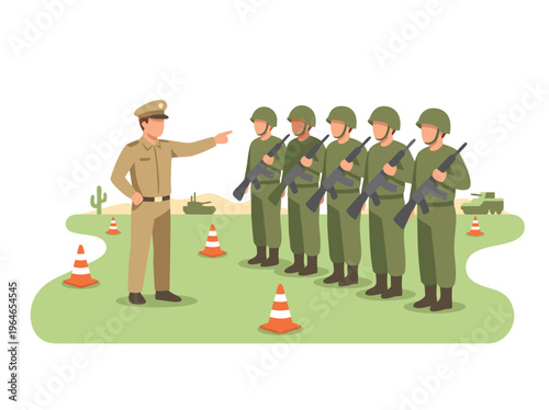 Military training exercise with instructor and soldiers.