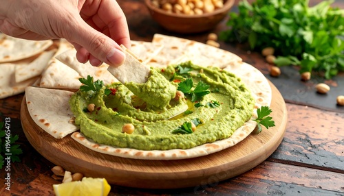 Wallpaper Mural Delicious Green Hummus Served with Fresh Pita, Sprinkled with Nuts and Herbs on Rustic Wooden Table Torontodigital.ca