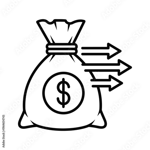 Depiction of a money bag with arrows pointing outward symbolizing financial distribution or outflow of funds from a central source