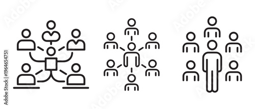 Three distinct linear icons representing hierarchical organizational structures and team connections.