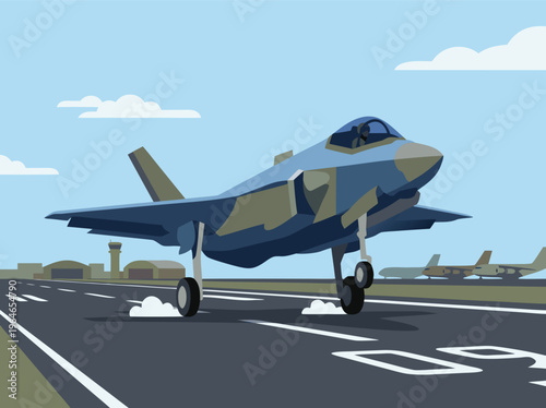 Modern fighter jet on runway preparing for takeoff.