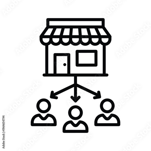 A small shop with an awning depicted connecting to three stylized figures representing customers or employees beneath it