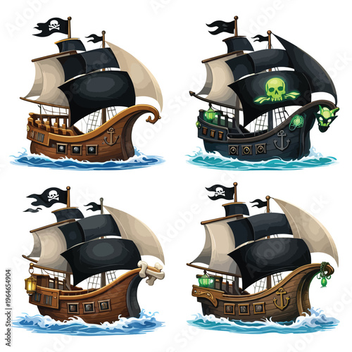 Four pirate galleons sailing in choppy waters, detailed illustrations of historical sailing vessels, pirate ship, black sails
