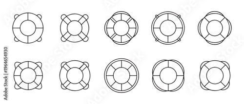 A collection of ten unique outline style lifebuoy icons isolated on a clean white background area.