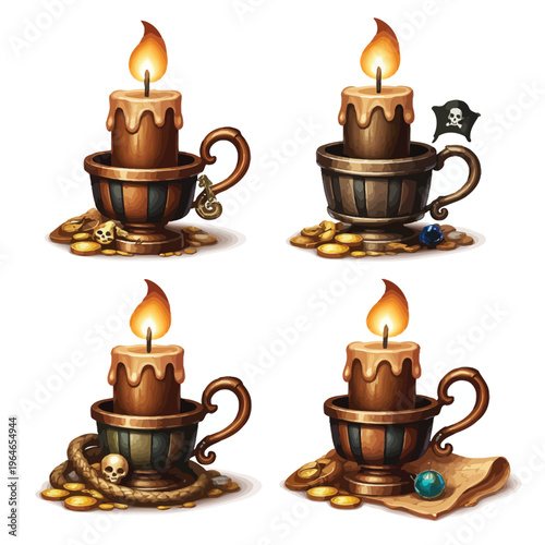 Pirate themed candles in ornate holders with gold coins and skull detail - set of four
