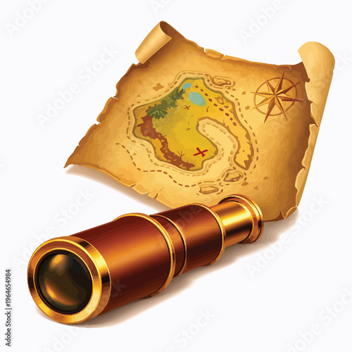 Old treasure map with antique spyglass on white background, antique navigation tool and adventure concept, isolated on a white background, image evokes adventure and discovery