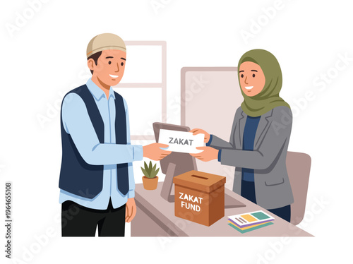 Muslim man donating to Zakat fund at office.
