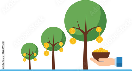 Money tree growth stages with increasing coins and hand holding savings financial investment concept vector illustration