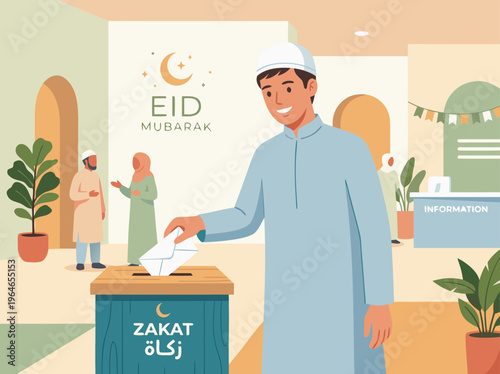 Muslim Man Donating Zakat During Eid Mubarak Celebration.
