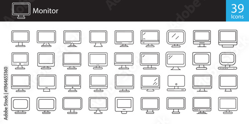 A comprehensive collection of thirty-nine diverse computer monitor line art icons for design use.
