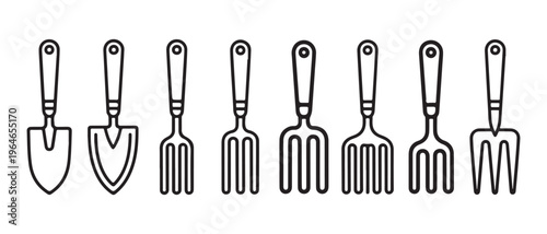 A collection of various garden hand tools displayed as simple black and white line art icons set.