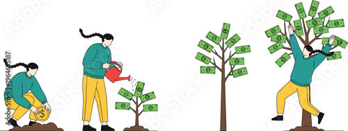 People growing money tree from planting to success with dollar bills financial investment concept vector illustration set