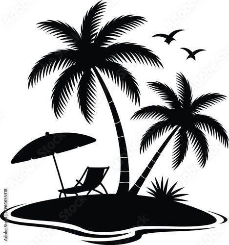 Summer paradise beach scene with palm tree design.