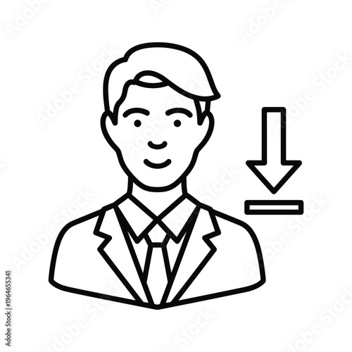 Professional man in suit smiling while a download arrow points towards him symbolizing content or profile download availability