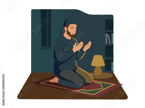 Muslim man praying on a rug in a room.
