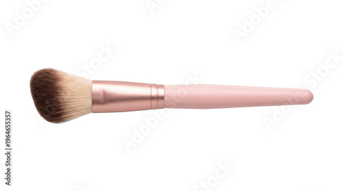 Pink handled makeup brush with rose gold ferrule on transparent background