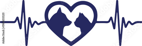 Two dark blue dog silhouettes inside heart shape overlapping ecg line graph background