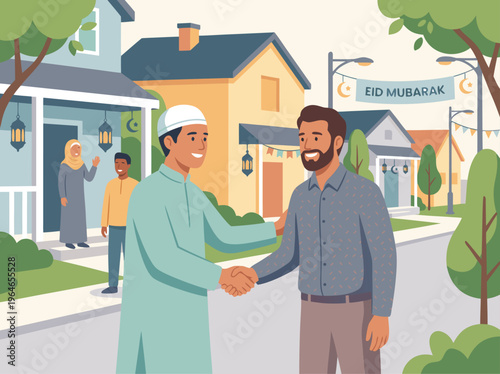 Muslim neighbors greeting each other on Eid al-Fitr street celebration.
