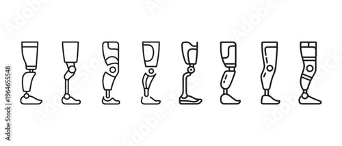 A collection of various prosthetic leg designs displayed in a simple black and white line art style.