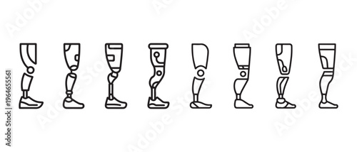 A collection of various line art icons representing different prosthetic leg designs for patients.