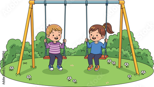 Happy kids playing on swings in park isolated on white background outdoor childhood activity vector illustration