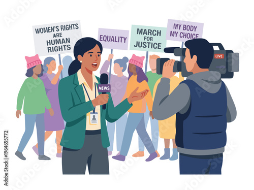 News reporter covering womens rights protest with camera crew.