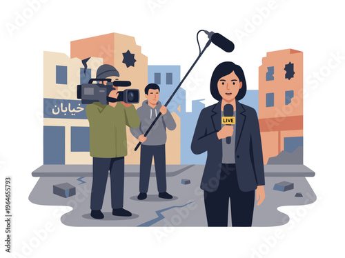 News reporting in a war-torn city with a journalist and camera crew.