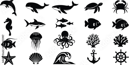 Silhouette of various sea creatures and nautical symbols isolated on transparent background