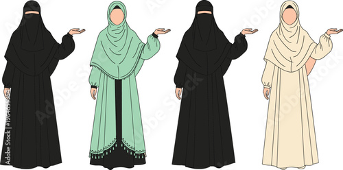 Muslim Women Modest Fashion Vector Set with Abaya, Hijab and Niqab Styles in Different Colors for Islamic Clothing, Cultural Dress and Lifestyle Illustration