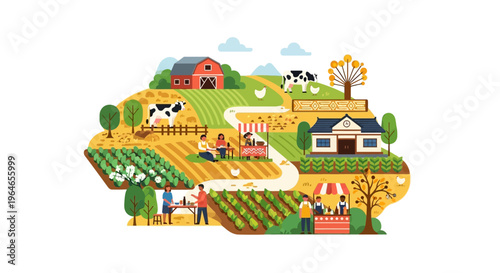 Sustainable Farm & Local Farmers Market Illustration: People, Produce, Animals, & Rural Life