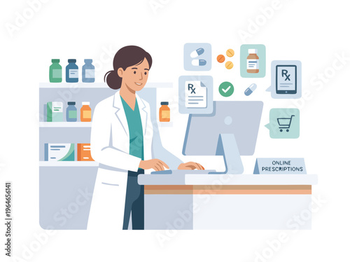 Pharmacist working at a pharmacy counter with computer and medications.