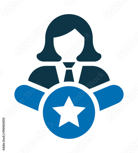 Blue vector icon featuring a woman wearing a tie with a star badge in front of her