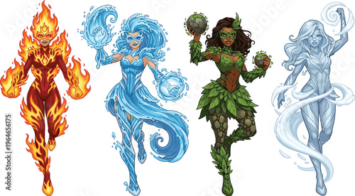 Elemental Superheroes with Fire, Water, Earth, and Air Powers, Featuring Dynamic Action Poses and Costumes