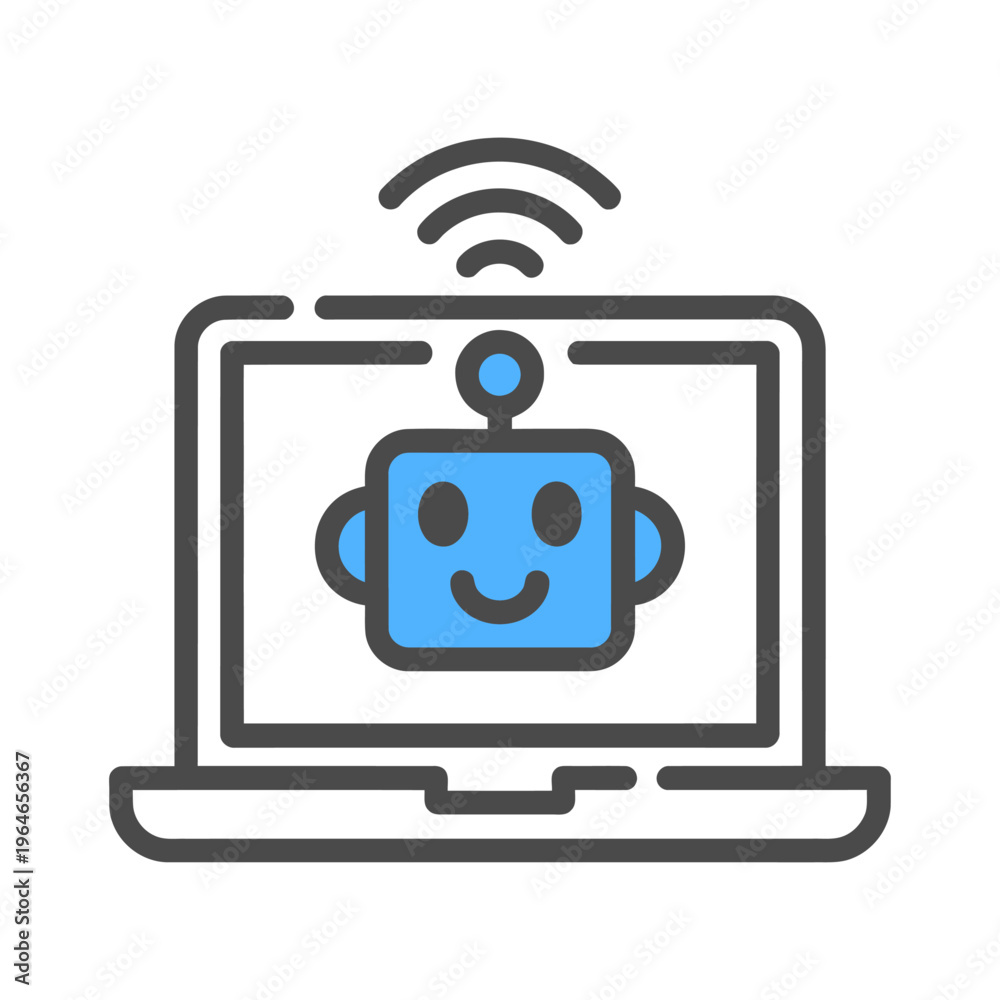 Naklejka premium Vector of a laptop with a robot head and wireless connectivity displayed on the screen