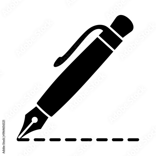 Vector of a fountain pen with a sleek design resting on a dotted line