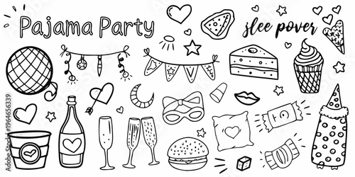 A whimsical pajama party illustration with doodle style silhouette