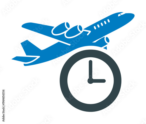 Blue vector airplane flying over a gray clock face in a minimalist design