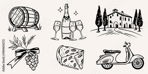 Italian themed sketches of wine food and landscape silhouette