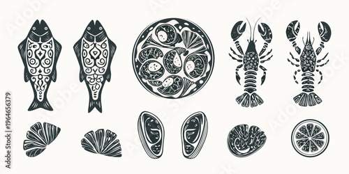 Intricate marine life illustrations in a decorative black silhouette
