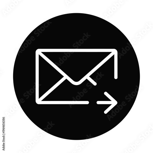White vector envelope icon with an arrow pointing to the right on a black circle.
