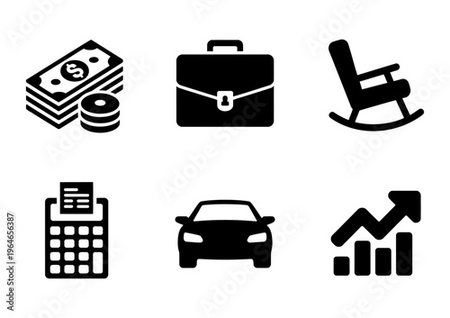 Vector featuring icons of money, briefcase, rocking chair, calculator, car and graph