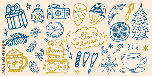 Hand drawn winter holiday doodles featuring various festive items silhouette