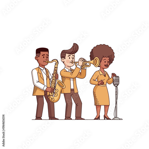 A diverse jazz band performing with a saxophone player, trumpet player, and female singer at a microphone.