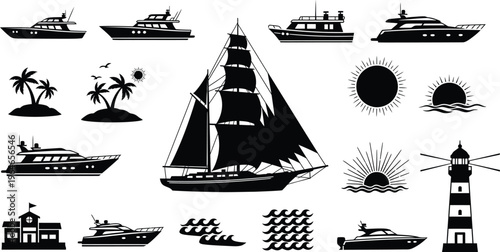 Silhouette of sailboat and lighthouse isolated on transparent background