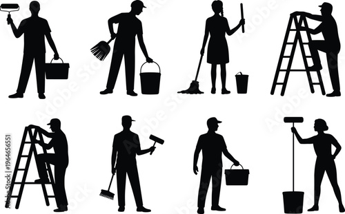 Collection of diverse cleaning and painting service worker silhouettes with tools and equipment cleaner