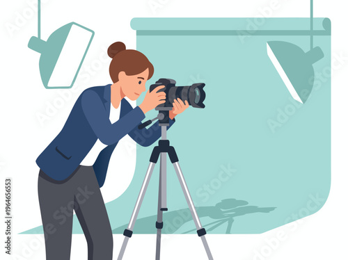 Professional Photographer Capturing Image with Camera on Tripod in Studio.