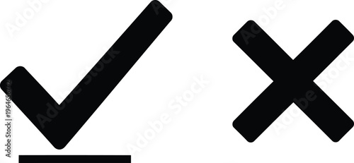 A minimalist black and white graphic design featuring a standard check mark and a cross symbol. Vector