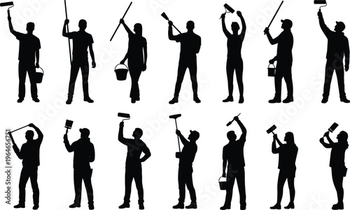 Diverse group of painter silhouettes holding rollers and buckets in various dynamic poses painting