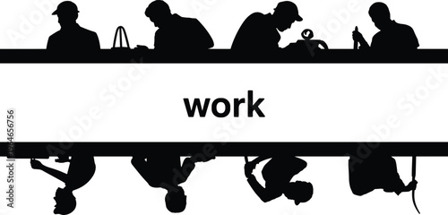 Diverse group of people in silhouette engaged in various work activities against a clean white background with the word work prominently displayed