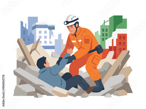 Rescuer helping victim from rubble after disaster.